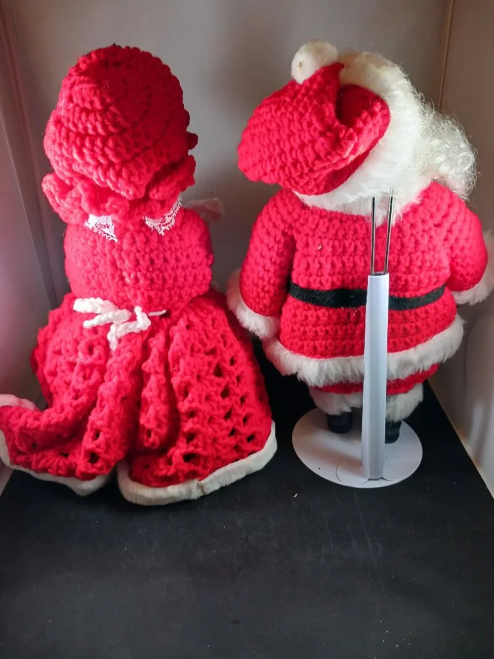 Vintage Crochet Santa Mr. & Mrs. Claus Hard Plastic 12in Tall